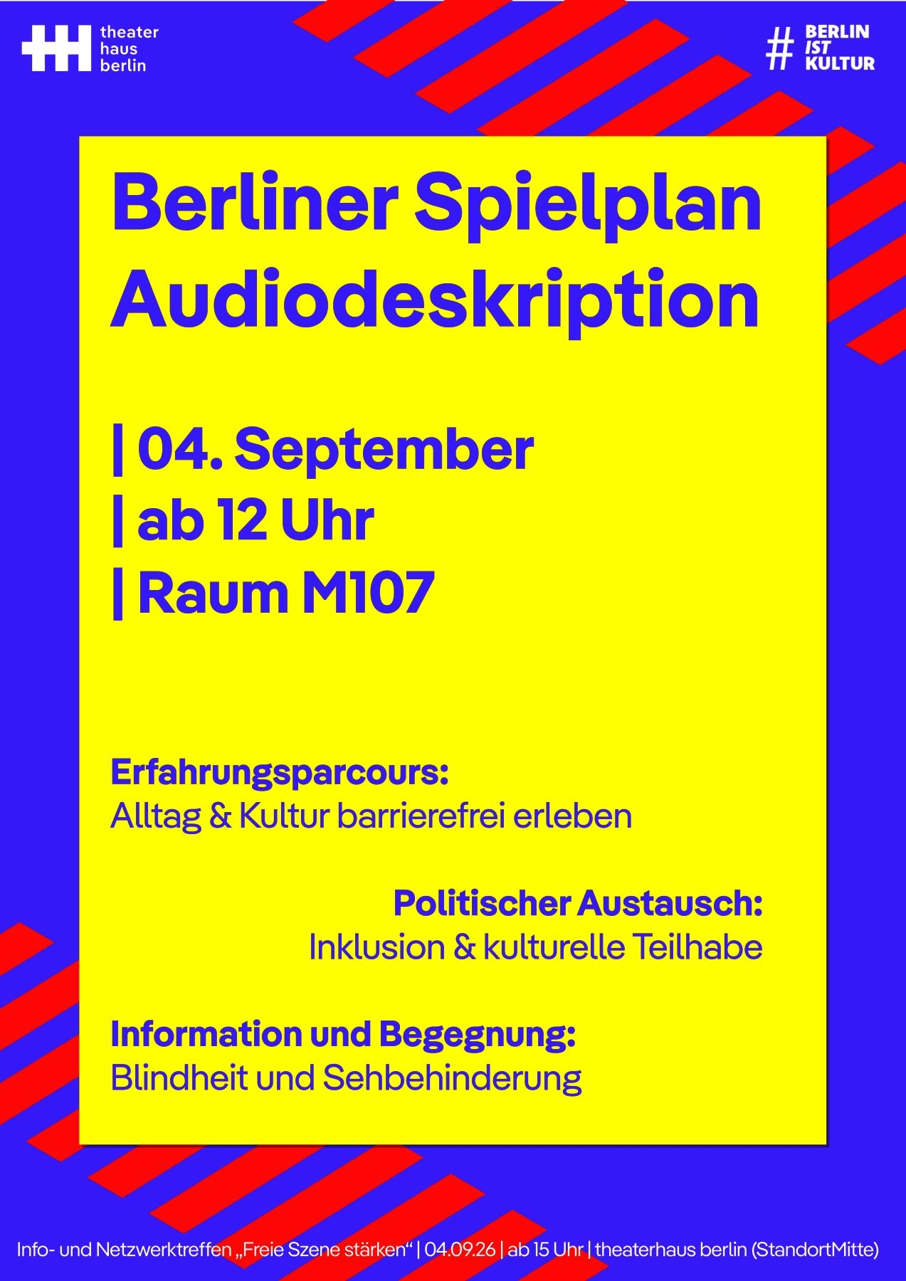 Gelbes Plakat mit blauer Umrahmung. Darauf Titel und Zeit der Veranstaltung