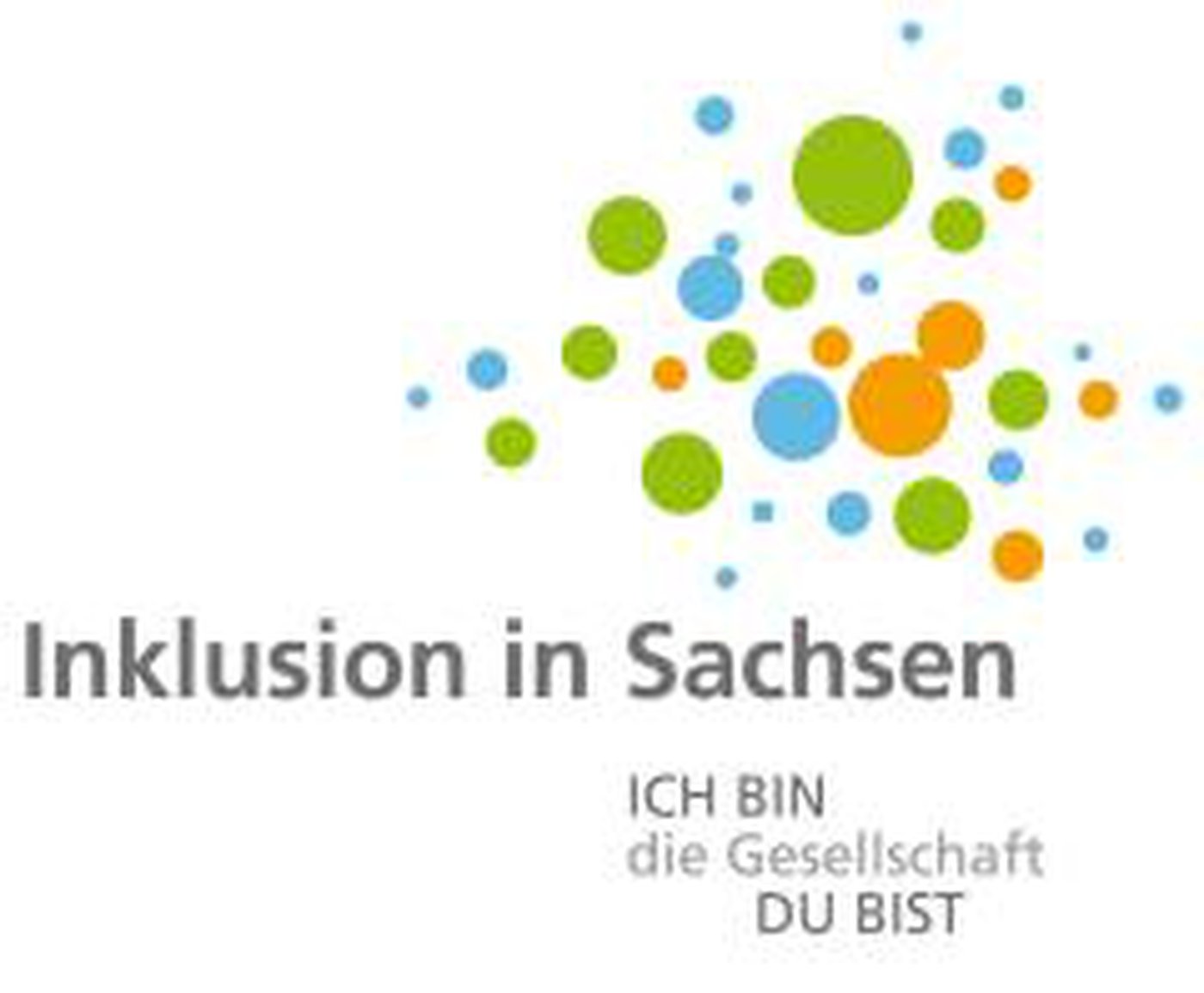 Im oberen Teil bunte und mehrfarbiege Kreise darunter der Text Inkluion in Sachsen ich bin die Gesellschaft Du bist