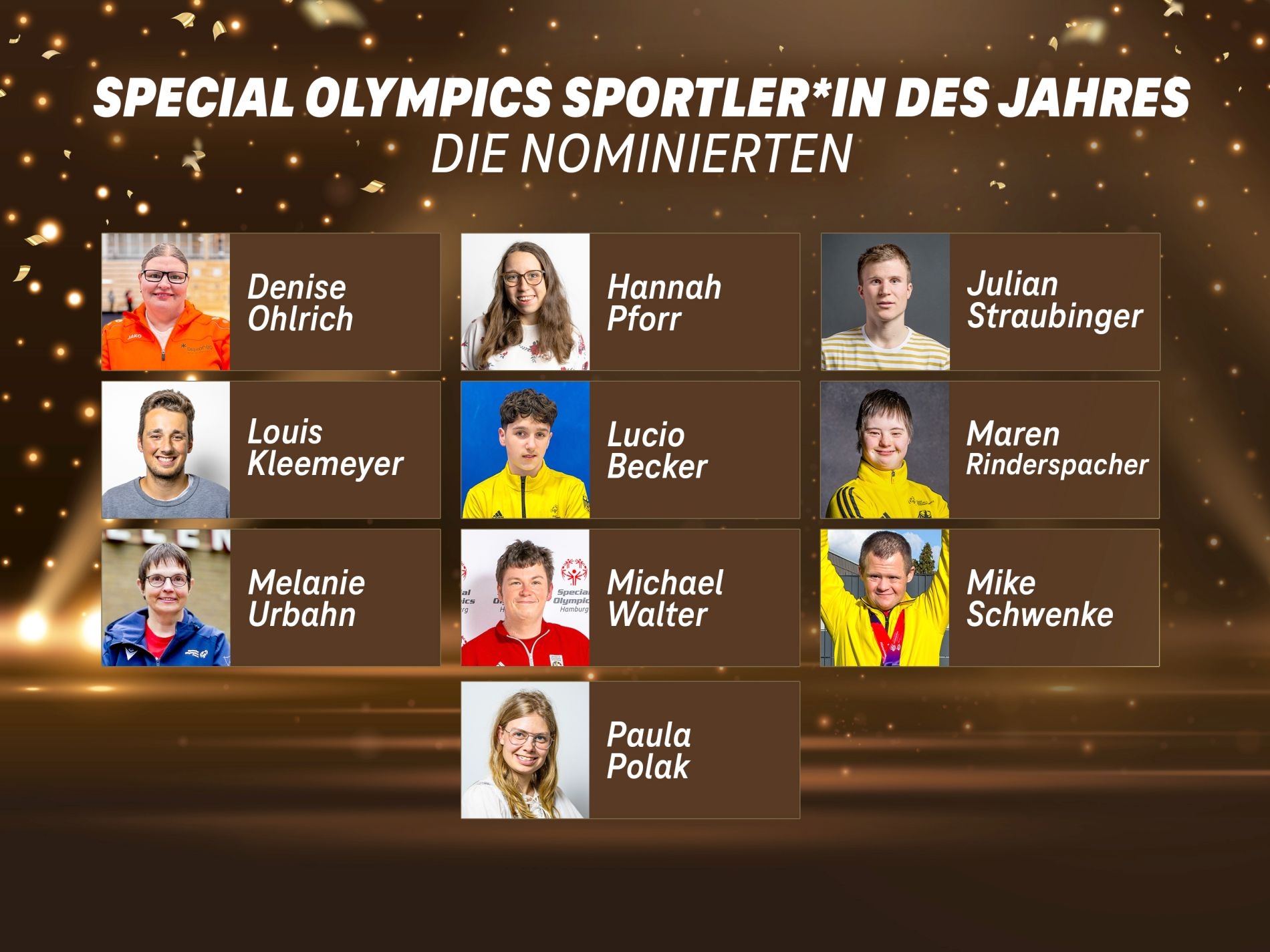 Plakat mit zehn Portraits und den jeweiligen Namen auf verschieden braunem mit glitzereffekten durhcsetzten Hintergrund Hintergrund