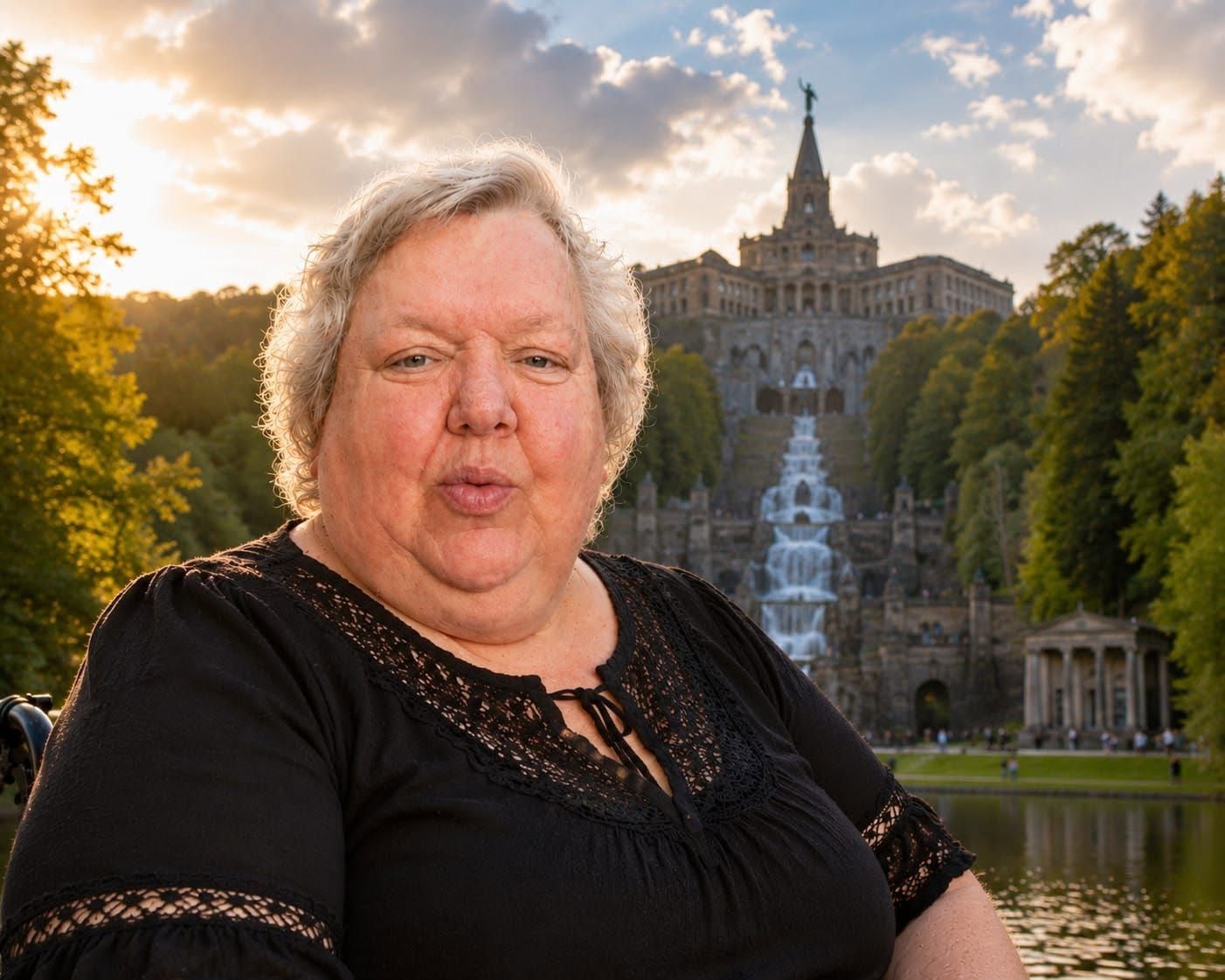 Petra Groß mit dem Kasseler Herkules im Hintergrund