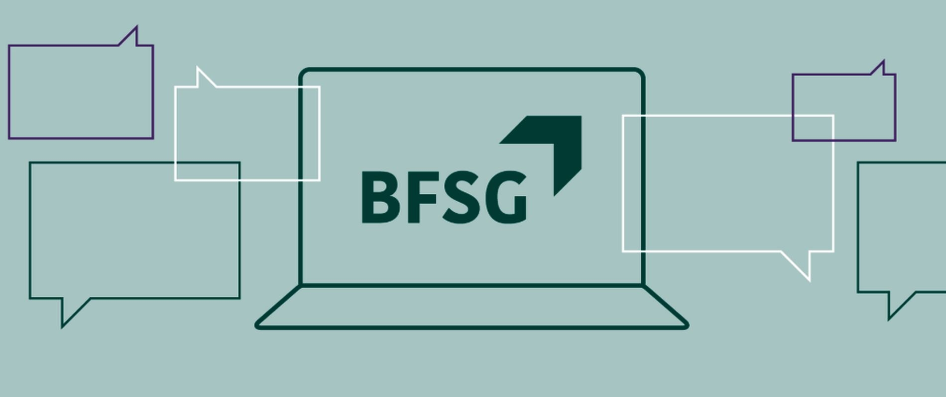 Stilisierter Bildschirm mit der Aufschrift BFSG und angedeuteten rechteckigen Sprechblasen
