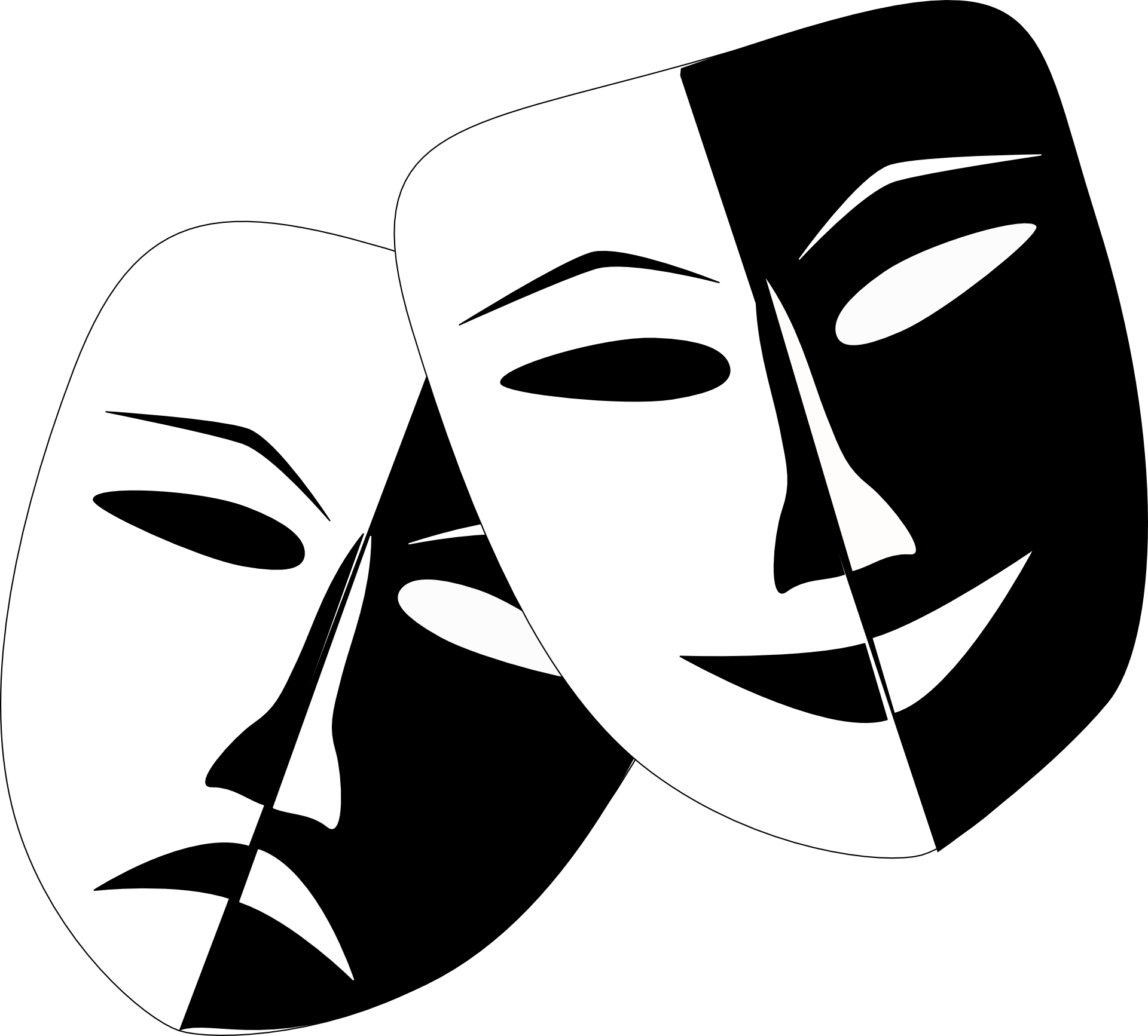 Masken die zur Hälft schwarz und weiß sind wobei eine Maske ein lachendes, die andere ein weinendes Gesicht zeigt.