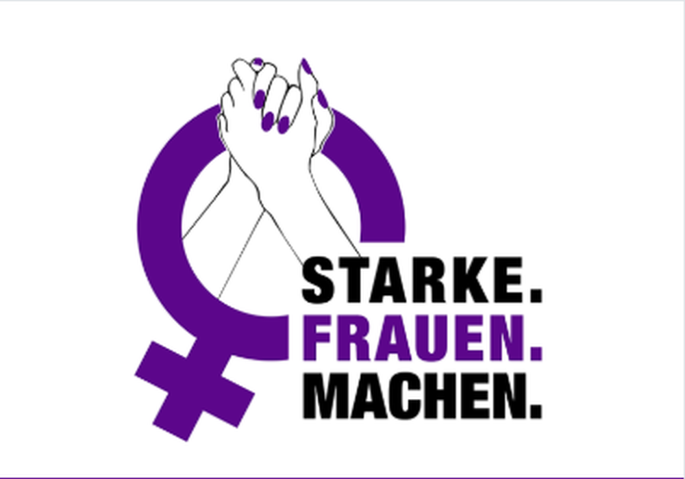 Kreis mit nach unten zeigendem Kreuz sowie nach oben zeigenden ineinfassenden Händen mit lakierten Fingernägeln und den Worten Starek,Frauen.Machen.