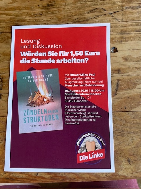 Plakat für die Lesung und Diskussion am 19. August 2026 in Hannover zur Entlohnung in Werkstätten